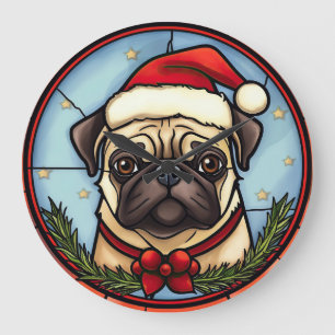 Grande Horloge Ronde Pug Vitrail de Noël