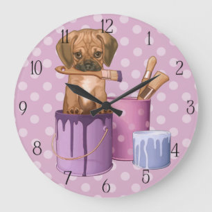 Grande Horloge Ronde Puggle chiot en pot de peinture