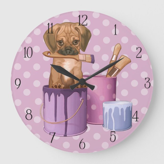 Grande Horloge Ronde Puggle chiot en pot de peinture (Recto)