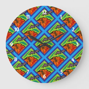 Grande Horloge Ronde Pumpkins and Bats in Patterns of Green/Blue