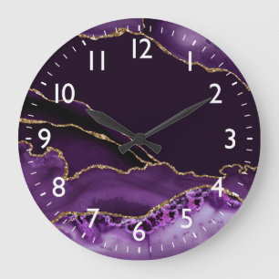 Grande Horloge Ronde Purple and Faux Silver Glitter Marble Agate