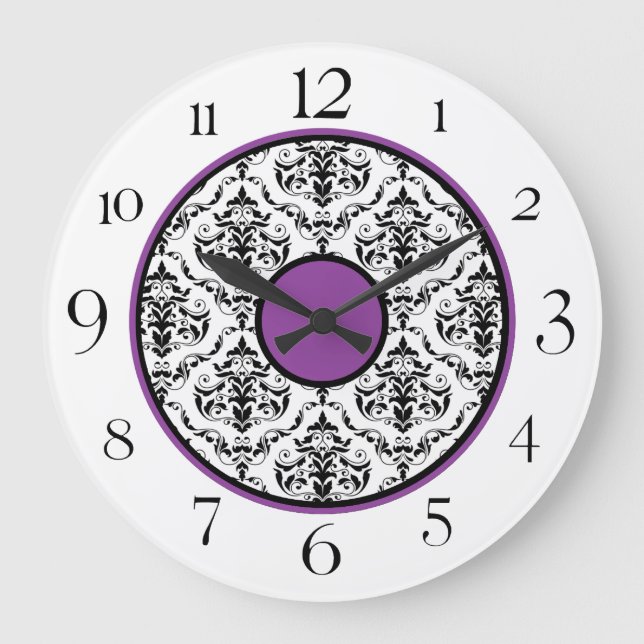 Grande Horloge Ronde Purple Black & White Damask Elegant 10.75" Clock (Recto)
