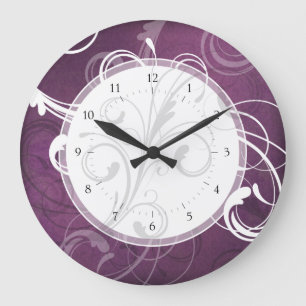 Grande Horloge Ronde Purple Grunge Damask Élégantes perlées