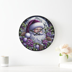 Grande Horloge Ronde Purple Poinsettia Père Noël Enchantant mur de Noël