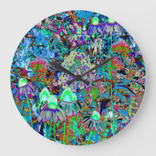Grande Horloge Ronde Purple psychédélique et fleurs de jardin vert citr