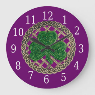 Grande Horloge Ronde Purple shamrock and celtic knots Round Clock