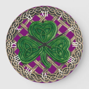Grande Horloge Ronde Purple Shamrock & Celtic Knots Roman Numeral Clock