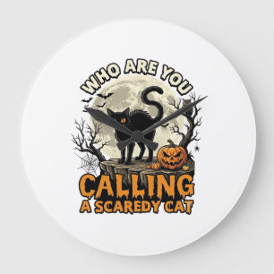 Grande Horloge Ronde Qui Appelez-Vous Chat Peureux Halloween Noir_1
