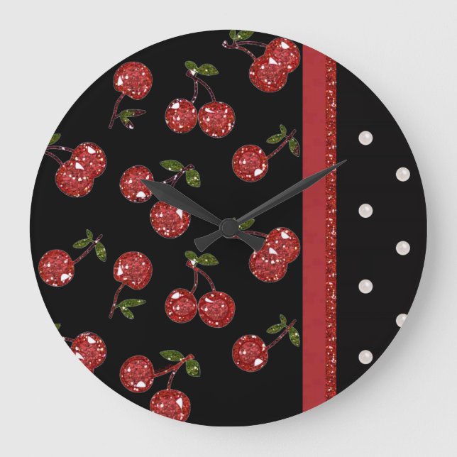 Grande Horloge Ronde RAB Rockabilly très cerise cerises Noir (Recto)
