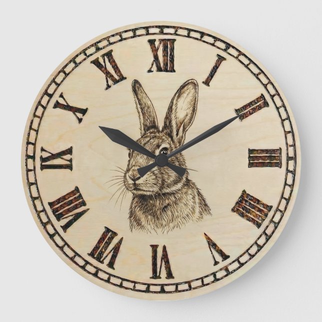 Grande Horloge Ronde Rabbit Wall Clock | Wood-Burned Style  (Recto)