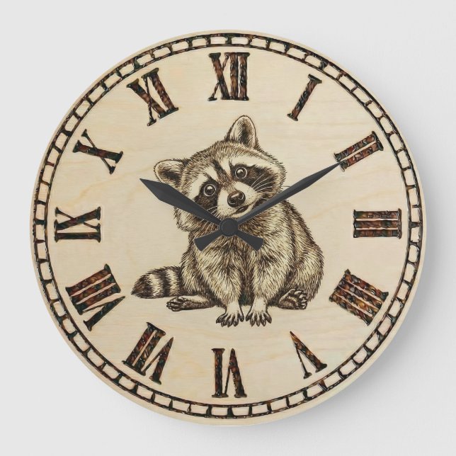 Grande Horloge Ronde Raccoon Wooden Wall Clock (Recto)