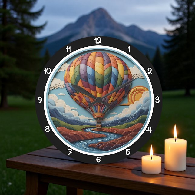 Grande Horloge Ronde Rainbow Hot Air Balloon Over River (Créateur téléchargé)