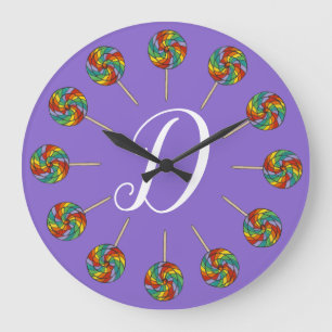 Grande Horloge Ronde Rainbow Lollipop Candy Lolly Purple Initial