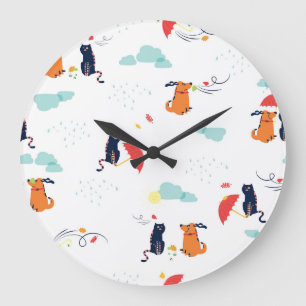 Grande Horloge Ronde Rainy Day Friends : Chien de chat Vintage