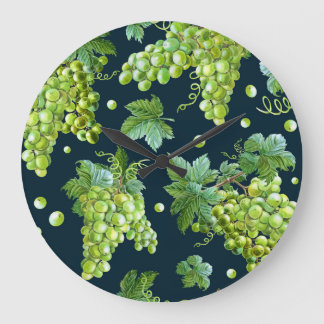 Grande Horloge Ronde Raisin vert : Aquarelle Motif foncé