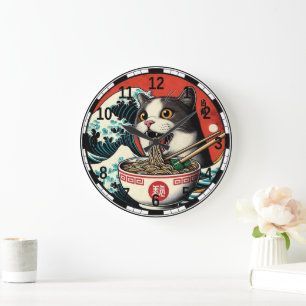 Grande Horloge Ronde Ramen de chat Art japonais Style vintage