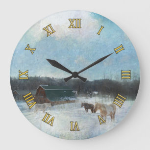 Grande Horloge Ronde Ranch à cheval, granges et peinture à la neige
