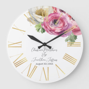 Grande Horloge Ronde Ranunculus rose et blanc aquarelle romantique