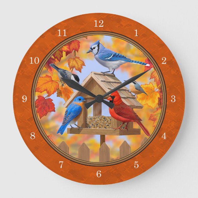 Grande Horloge Ronde Rassemblement d'oiseaux Orange d'automne (Recto)