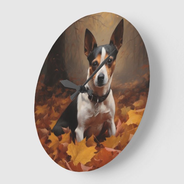 Grande Horloge Ronde Rat Terrier à l'automne Feuilles automne Inspire (Angle)
