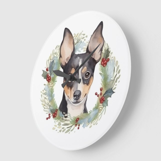 Grande Horloge Ronde Rat Terrier Fête de Noël Wreath Pup (Angle)