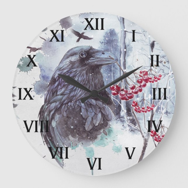 Grande Horloge Ronde Ravens Abstraite aquarelle scène d'hiver ronde | (Recto)