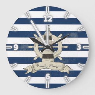 Grande Horloge Ronde Rayes Bleu Marine Moderne,Roue de Bateau