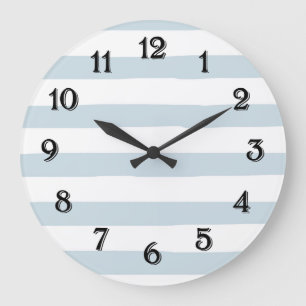 Grande Horloge Ronde Rayures aquarelles bleues et blanches