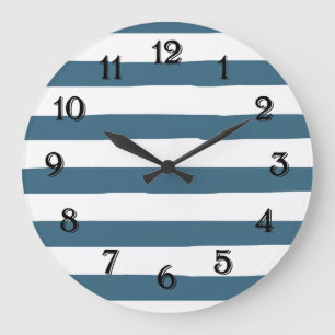 Grande Horloge Ronde Rayures aquarelles bleues et blanches