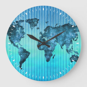 Grande Horloge Ronde Rayures bleues au néon de la carte   du monde