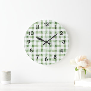 Grande Horloge Ronde Rayures écossaises vertes et blanches
