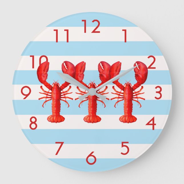 Grande Horloge Ronde Rayures nautiques blanches et bleues décor homard (Recto)