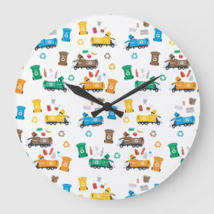 Grande Horloge Ronde Recyclage coloré Camions-poubelles et poubelles