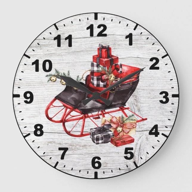 Grande Horloge Ronde Red and Black Sleigh Packages Christmas Barn Wood (Recto)