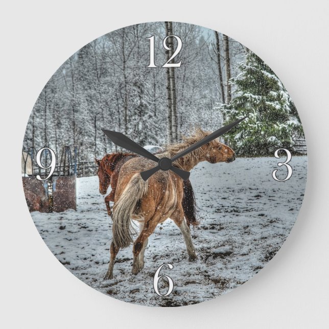 Grande Horloge Ronde Red Dun & Palomino Chevaux d'hiver en photo Neige (Recto)