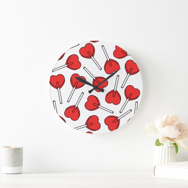 Grande Horloge Ronde Red Lollipops, Heart Lollipops, Lollipop Pattern (Maison)