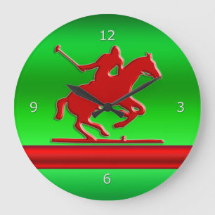 Grande Horloge Ronde Red Polo Player on green métallc effect