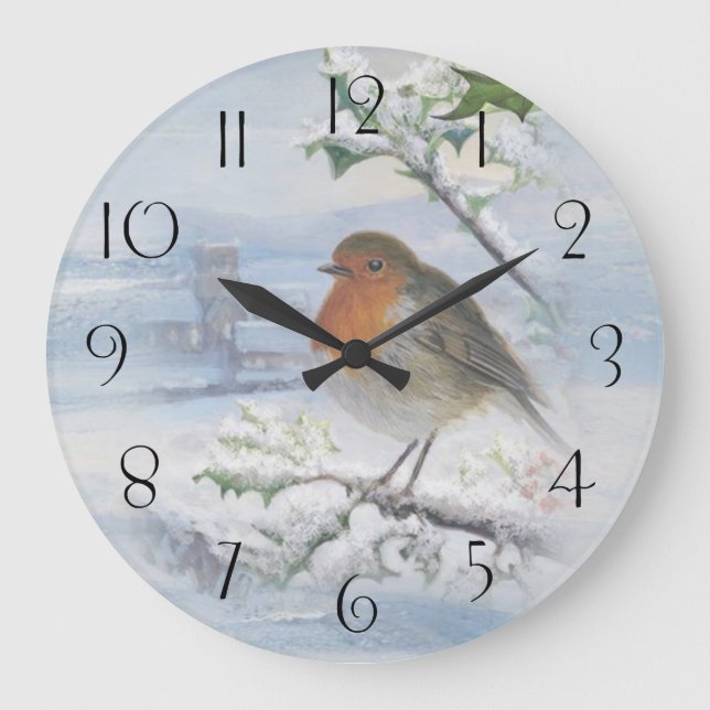 Grande Horloge Ronde Red Robin Bird Noël d'hiver (Recto)