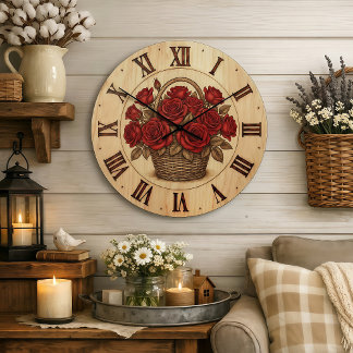 Grande Horloge Ronde Red Roses Basket Wall Clock