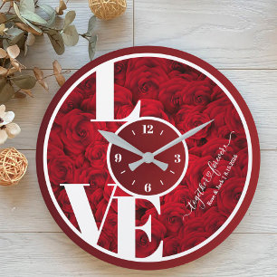 Grande Horloge Ronde Red Roses Élégant Love Typographie Couple Valentin