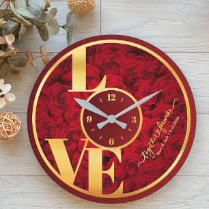 Grande Horloge Ronde Red Roses Élégant Love Typographie Couple Valentin