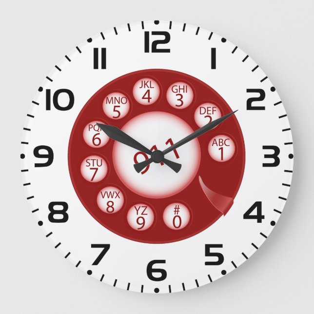Grande Horloge Ronde Red Rotary Phone Dial 911 Emergency Number (Recto)