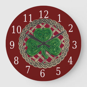 Grande Horloge Ronde Red Shamrock and Celtic Knots Round Clock
