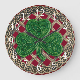 Grande Horloge Ronde Red Shamrock And Celtic Knots Round Clock