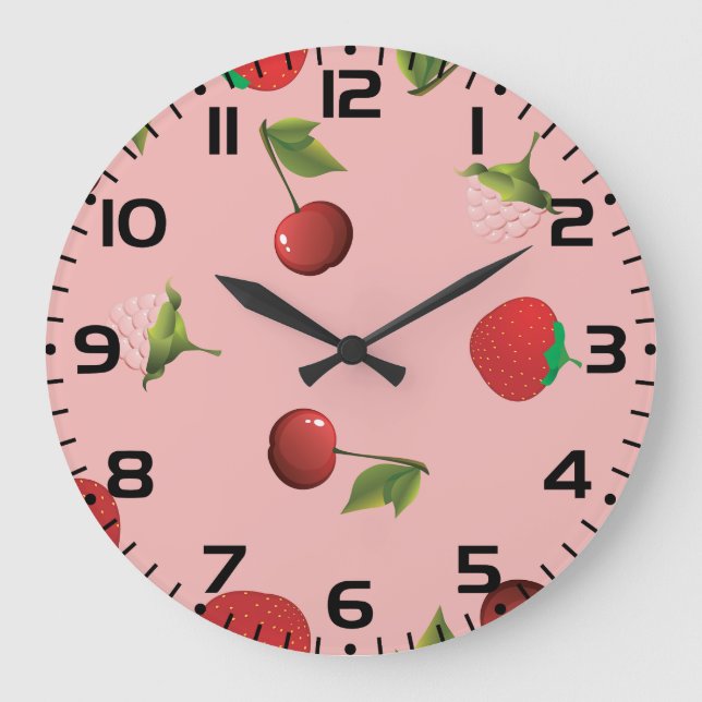 Grande Horloge Ronde Red Strawberry and Cherry Pattern Pink Fruit (Recto)