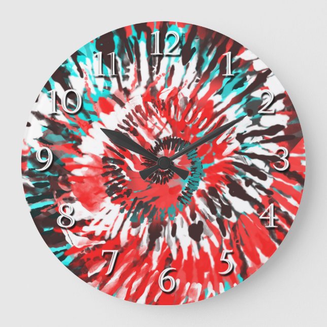 Grande Horloge Ronde Red Teal Black White et Grey Tie Dye (Recto)