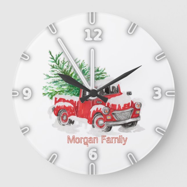 Grande Horloge Ronde Red Truck Tree Snow Christmas (Recto)