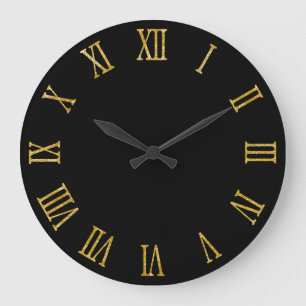 Grande Horloge Ronde Regard Pailleté Or Chiffres Romains Gras Noir