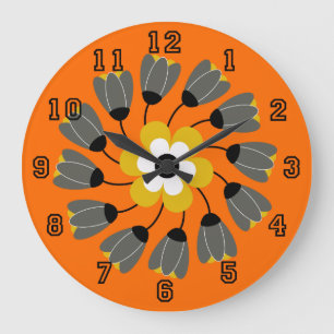 Grande Horloge Ronde Remous floral rond orange lumineux moderne