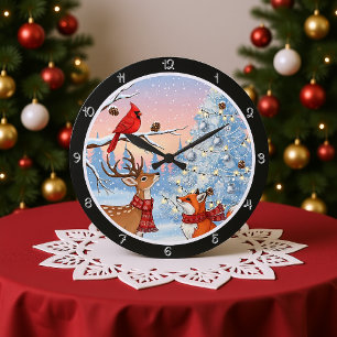 Grande Horloge Ronde Renard et cerf en hiver